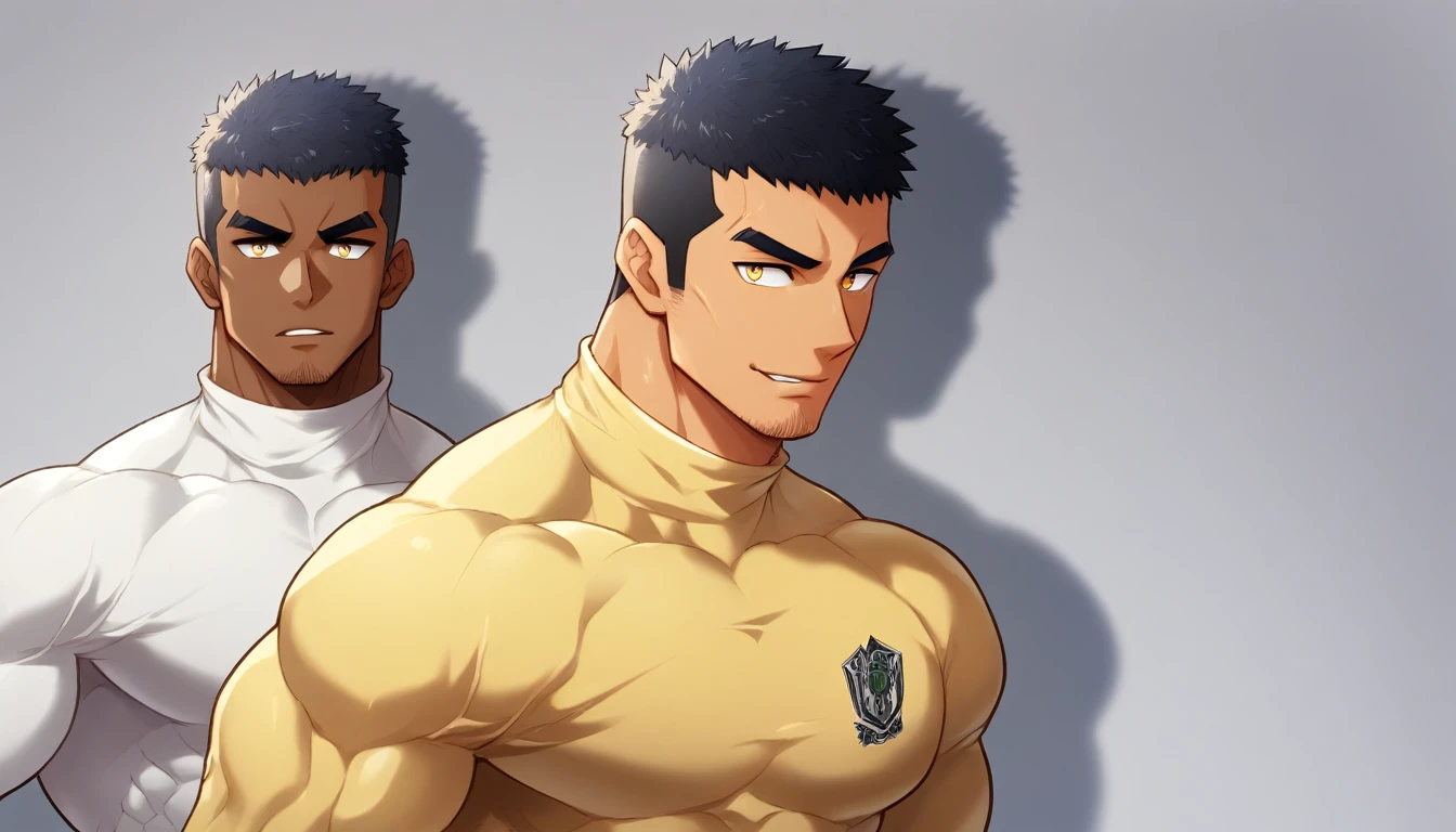 anime characters:Gyee, Muscle Sports Student, negro black skin, 1 dark skin muscular tough guy, Manliness, male focus, Light yellow high collar long sleeve tight T-shirt, Slightly transparent material, Very tight, Round, full and perky chest muscles, Slightly transparent, muscular male, muscular, only, Upper body, alone, Black short hair, Thick eyebrows, stubble, Yellow eyes, Grey background, simple background, amazing quality, best aesthetics, Ridiculous, bright pupils, crew cut, parted lips, seductive smile, torogao, naughty face, drop shadow, best quality