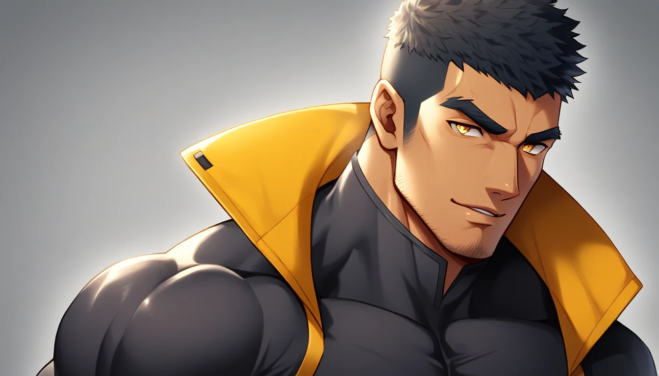 anime characters:Gyee, Muscle Sports Student, negro black skin, 1 dark skin muscular tough guy, Manliness, male focus, Light yellow high collar long sleeve tight T-shirt, Slightly transparent material, Very tight, Round, full and perky chest muscles, Slightly transparent, muscular male, muscular, only, Upper body, alone, Black short hair, Thick eyebrows, stubble, Yellow eyes, Grey background, simple background, amazing quality, best aesthetics, Ridiculous, bright pupils, crew cut, parted lips, seductive smile, torogao, naughty face, drop shadow, best quality