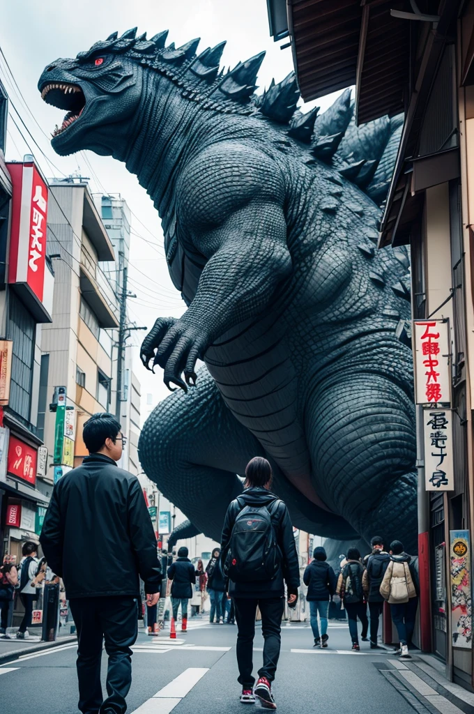 Otaku walking in Japan with Godzilla