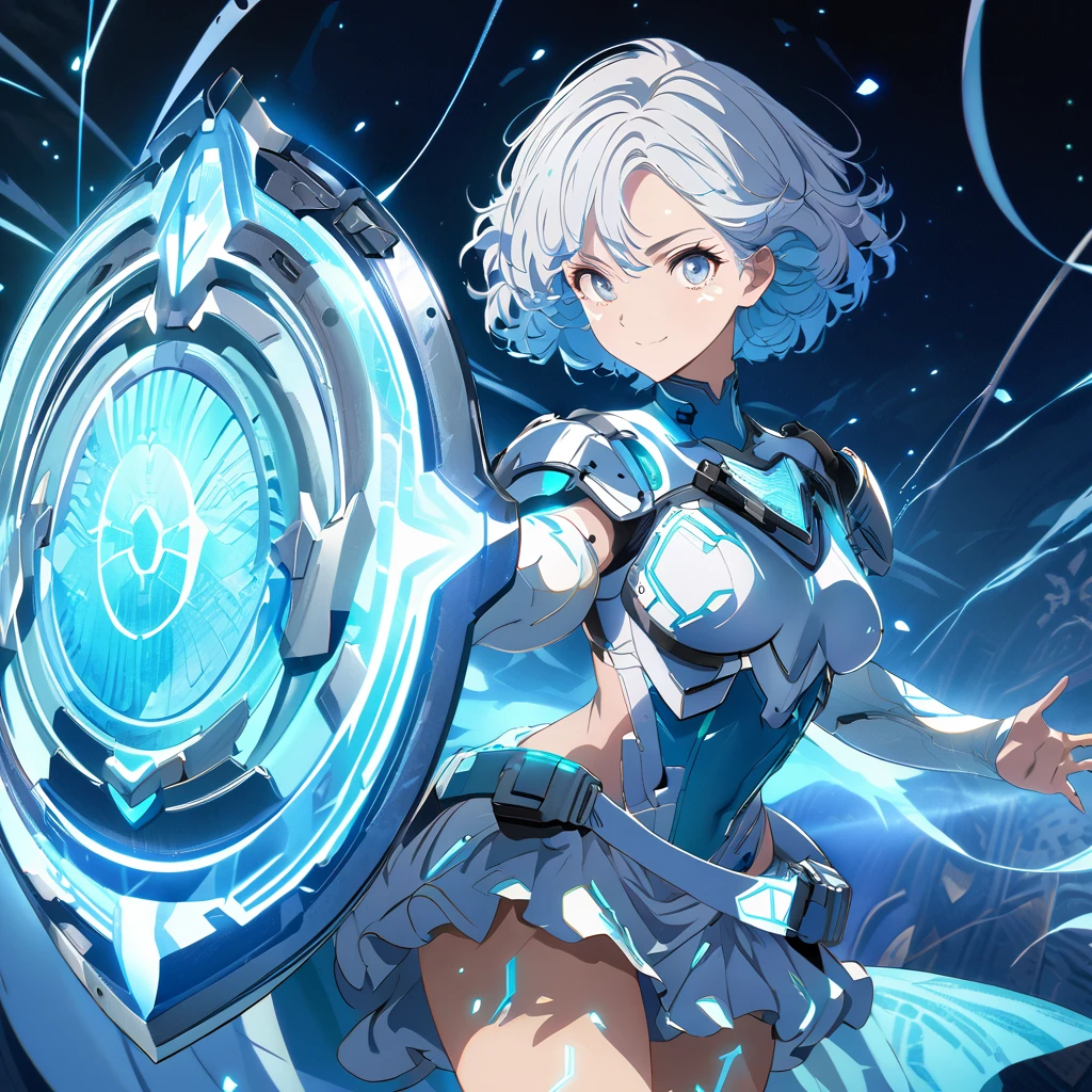 an image of a gentle girl with short, silvery-blue hair, wearing a futuristic fantasy, battle-ready outfit with glowing blue elements. She has a kind expression on her face, characterized by soft, warm eyes and a gentle smile with relaxed features. She is generating a large, translucent energy shield that shimmers with blue light, protecting herself and an area around her. The girl should be in a dynamic yet gentle pose, with one hand outstretched towards the viewer as if she's directing the shield and the other hand resting gently by her side. Her stance is strong yet relaxed, with one leg slightly bent. The background is dark and dramatic, with hints of blue light and energy waves illuminating their figures. The shield should have intricate, glowing patterns, enhancing the sense of her power and gentle control, (nude:0.8), detailed gorgeous face| anime style| key visual| intricate detail| highly detailed| breathtaking| vibrant| panoramic| cinematic| Carne Griffiths| Conrad Roset| gibbli 8k