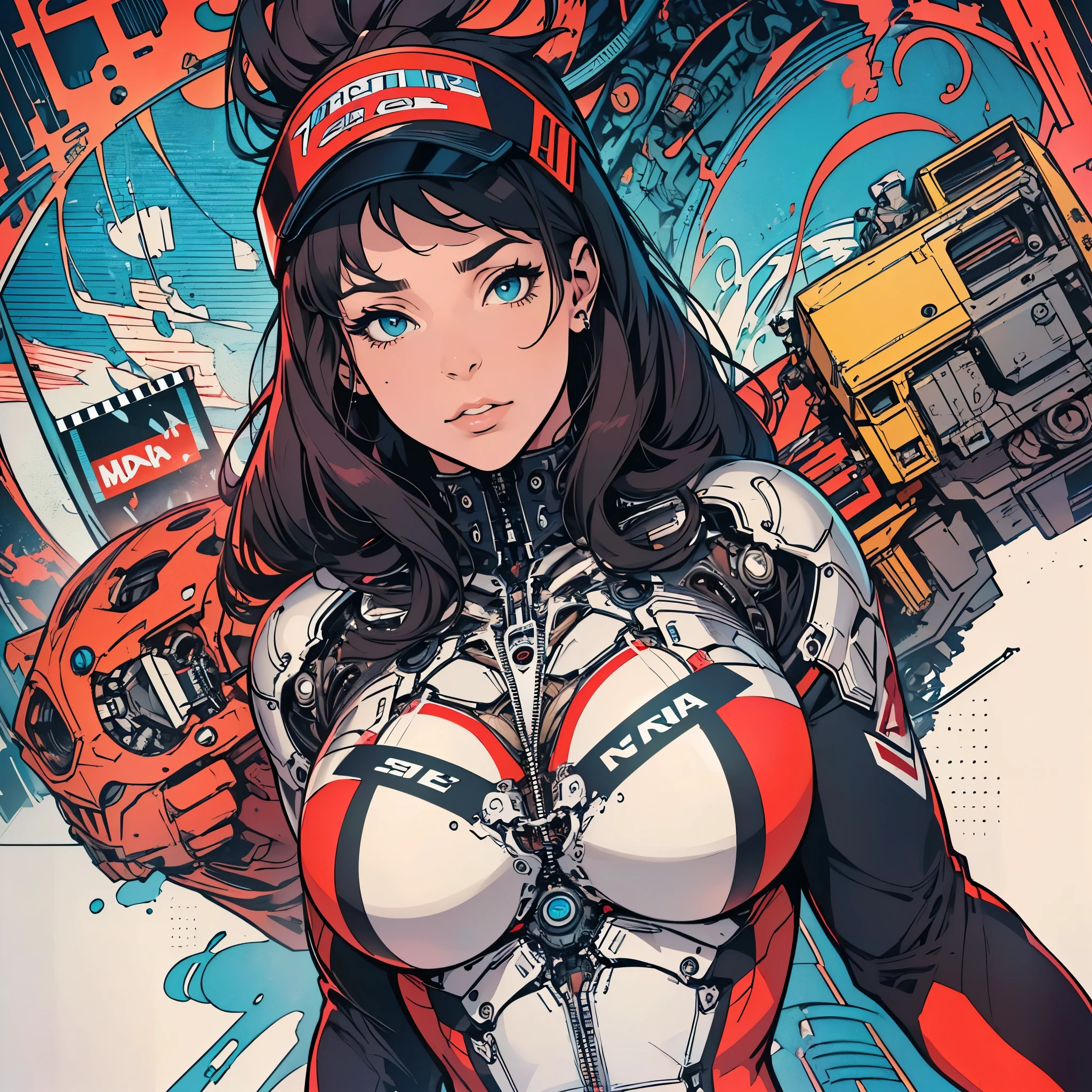 (((ultimate best quality))),(((solo:1.2))),(((1girl:1.2))),((((beautiful perfect woman)))),(((detailed perfect body, detailed perfect finger))),((((((ultimate movie poster)))))),(((bust up, close up))),((((detailed complicated machine)))),(((((genius mechanical))))),(((American comics))),(((extreme highlights))),(((Extremely colorful, primary colors))),cleavage, super beautiful lady,(((typography))),text