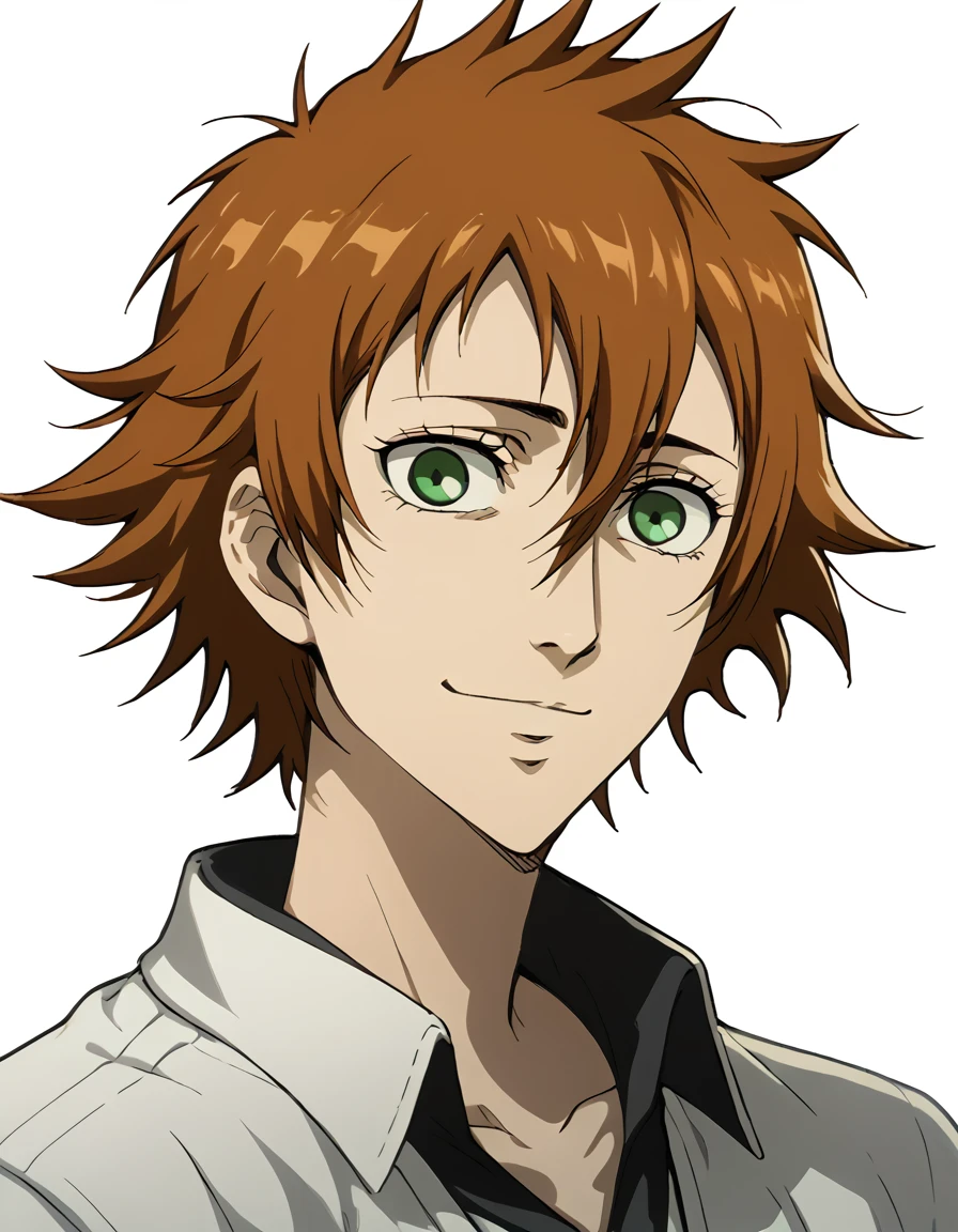 slim man, messy brown hair, green eyes, light smile,A drawing of, beautiful, 2D rendering, anime style, in the style of Bleach manga