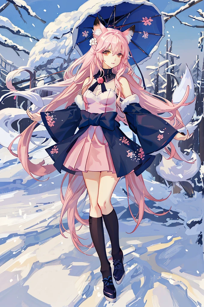 Nine snow-white fox tails (1.0), Milky white fox tail (1.0), Close-up of the nine-tailed fox, Nine tails, Nine tails, anime manga girl,pink haired one,pinkskirt,There are flowers on the hair, very Beautiful anime fox girl, Beautiful anime fox girl, Beautiful fantasy anime, Guweiz, 狐狸耳朵的anime manga girl, 美丽的anime manga girl, Very beautiful and cute fox girl, pink flower rain, The background is blurred out, Anime style 4k, Anime fantasy artwork, 4k anime wallpapers, Gouves style artwork