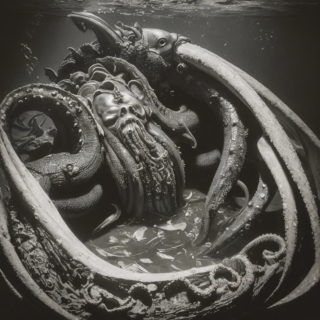(extremely detailed, Masterpiece, The best quality, Under the Ocean), Dark style, volumetric illumination. medieval armor, face with wrinkles, long tongue, tentacle, deformed, underwater image seen from the outside, menacing octopus beak. ink stains. Rococo composition. Light of Caravaggio