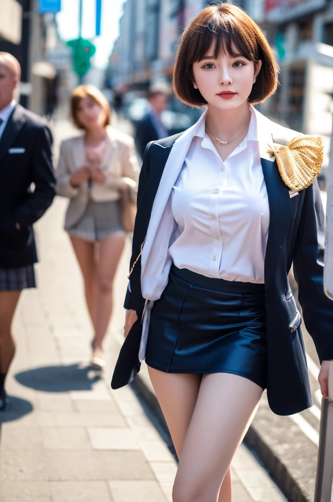 a 20 year old face of the most beautiful actress in the world, the perfect body proportions of a female, too short hair cut of a female is just like male one, the perfect shaped of female breasts, tight closed blazer is worn with formal shirt on female upper body, shirt skirt is worn with panties on female lower body, panties between bare legs under short skirt are seen just a little, standing, at the city street, nsfw, best quality, highly detailed, masterpiece, ultra high res, photo realistic, 8k