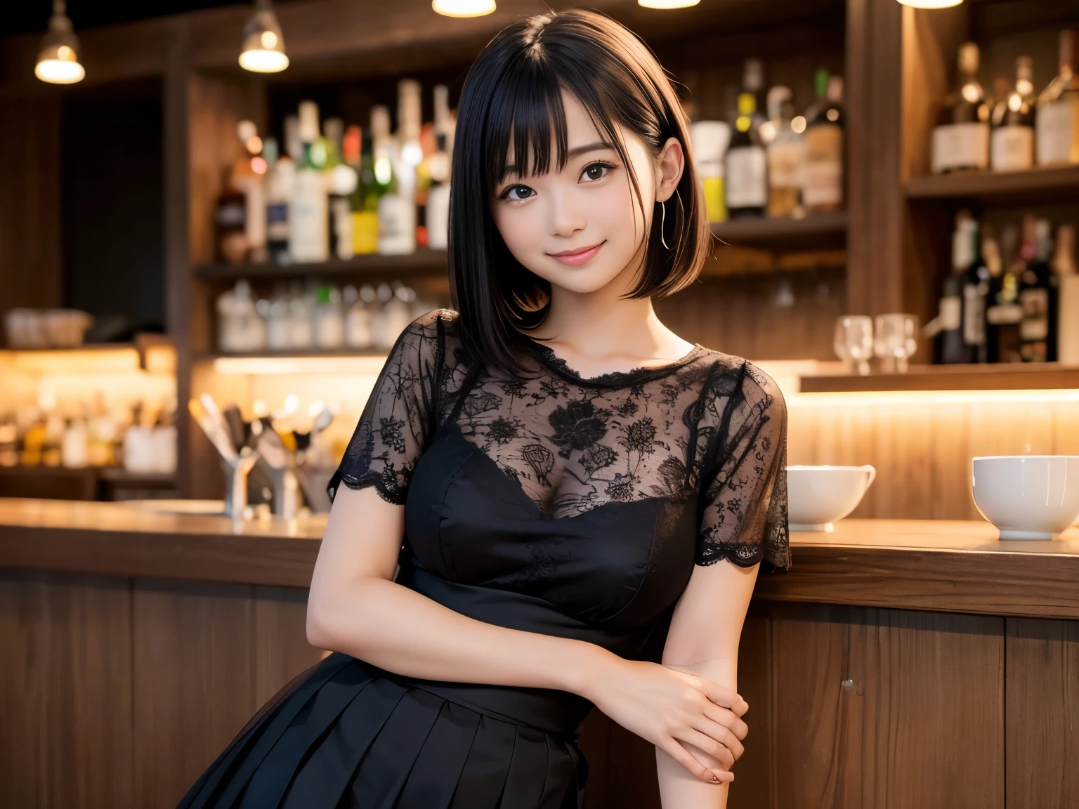 (Highest quality, masterpiece, Ultra-high resolution, 8K, RAW Photos, Realistic, Anatomically correct:1.5), (Stainless steel round bar fence:1.0, Put your elbow on the fence:1.2, high school girl、20-year-old girl:1.2, Embarrassing, avert your eyes, blush:1.0, View Viewer, ((bar)) 、Night view、 Light:1.2, Bokeh, Cinema Lighting:1.0, Depth of written boundary, sharp、 Cute face、Idol、Black short sleeve lace top、Black pleated skirt、Black clothing、”dwarf”、(Floral clothes)、Full Body Shot、Cowboy Shot、(( smile))、(Ultra short hair、Straight Hair)、(Straight bangs)、