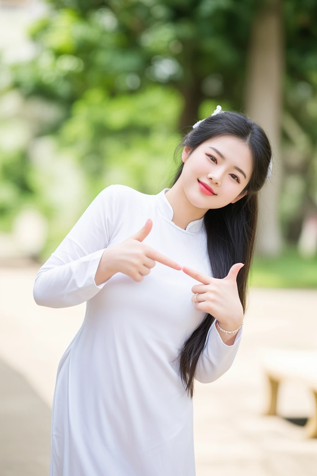 there is a woman in a white dress pointing at something, young asian woman, an asian woman, young asian girl, asian woman, a young asian woman, vietnamese woman, asian girl, beautiful young asian woman, asian women, beautiful asian woman, beautiful asian girl, attractive girl, asian female, girl, woman posing, ao dai, attractive photo