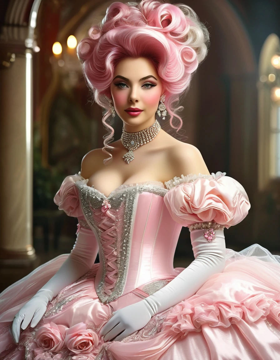 beautiful woman with long pink hai,r wearing a stately and elaborate Cinderella ballgown of white satin and tulle adorned with (((huge ribbon bows))), roses, lace, frills, flounces, silver embroidery, silver braid, and jewels, with (((enormous puffed sleeves))), a stiffly padded and corseted bodice, and a (((voluminous crinoline hoopskirt))), (((bustle))), long white gloves, pearl and diamond necklace and earrings, long pink hair, elaborately curled and styled hair