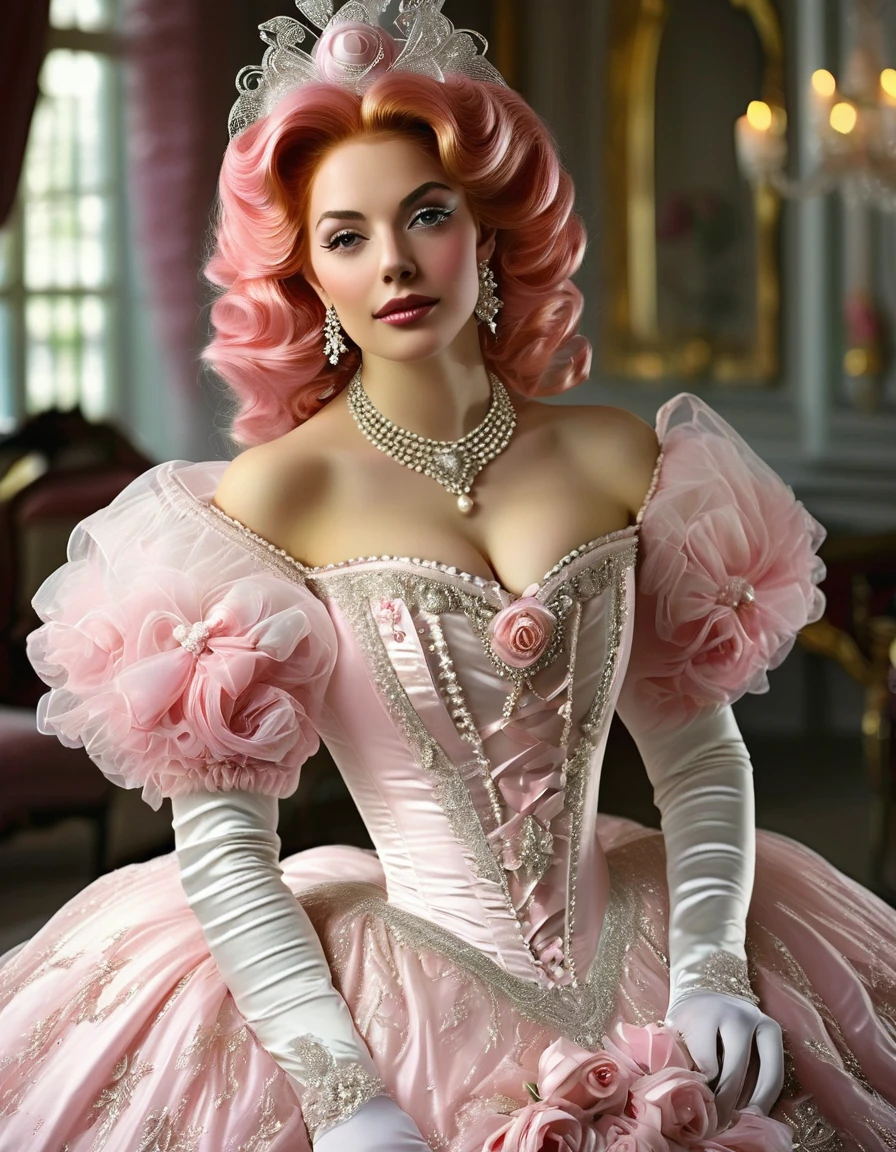 beautiful woman with long pink hai,r wearing a stately and elaborate Cinderella ballgown of white satin and tulle adorned with (((huge ribbon bows))), roses, lace, frills, flounces, silver embroidery, silver braid, and jewels, with (((enormous puffed sleeves))), a stiffly padded and corseted bodice, and a (((voluminous crinoline hoopskirt))), (((bustle))), long white gloves, pearl and diamond necklace and earrings, long pink hair, elaborately curled and styled hair