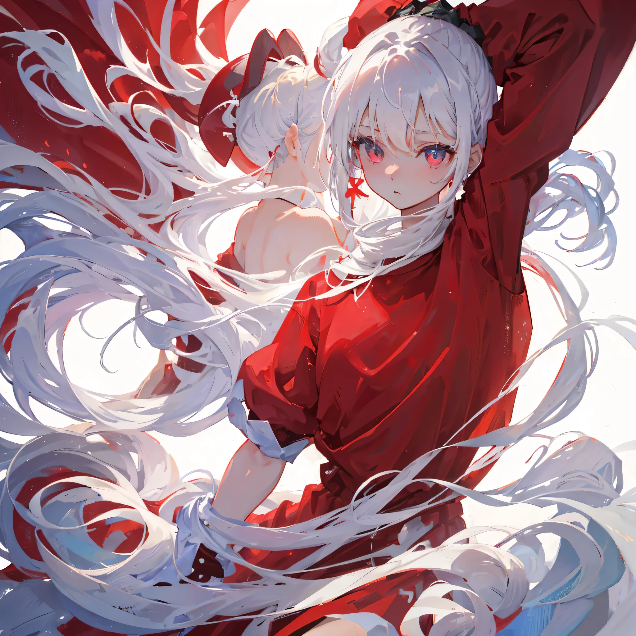 A girl with a high ponytail wearing a red sweatshirt,Beautiful figure,White hair,((Pure white background))