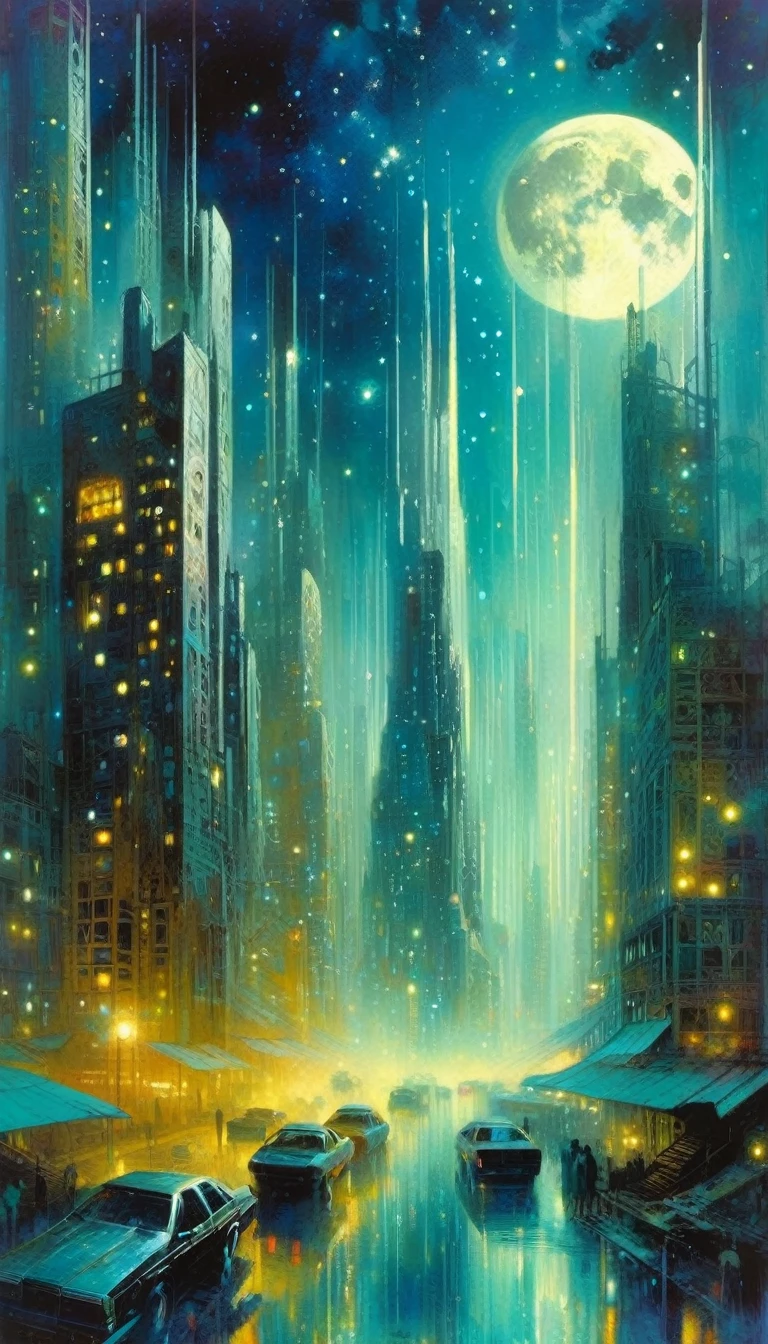 the abandoned future big city, many details,magic, surrealism, fantastic, night sky, moon, stars, background, (art inspired by Bill Sienkiewicz). oil painting)