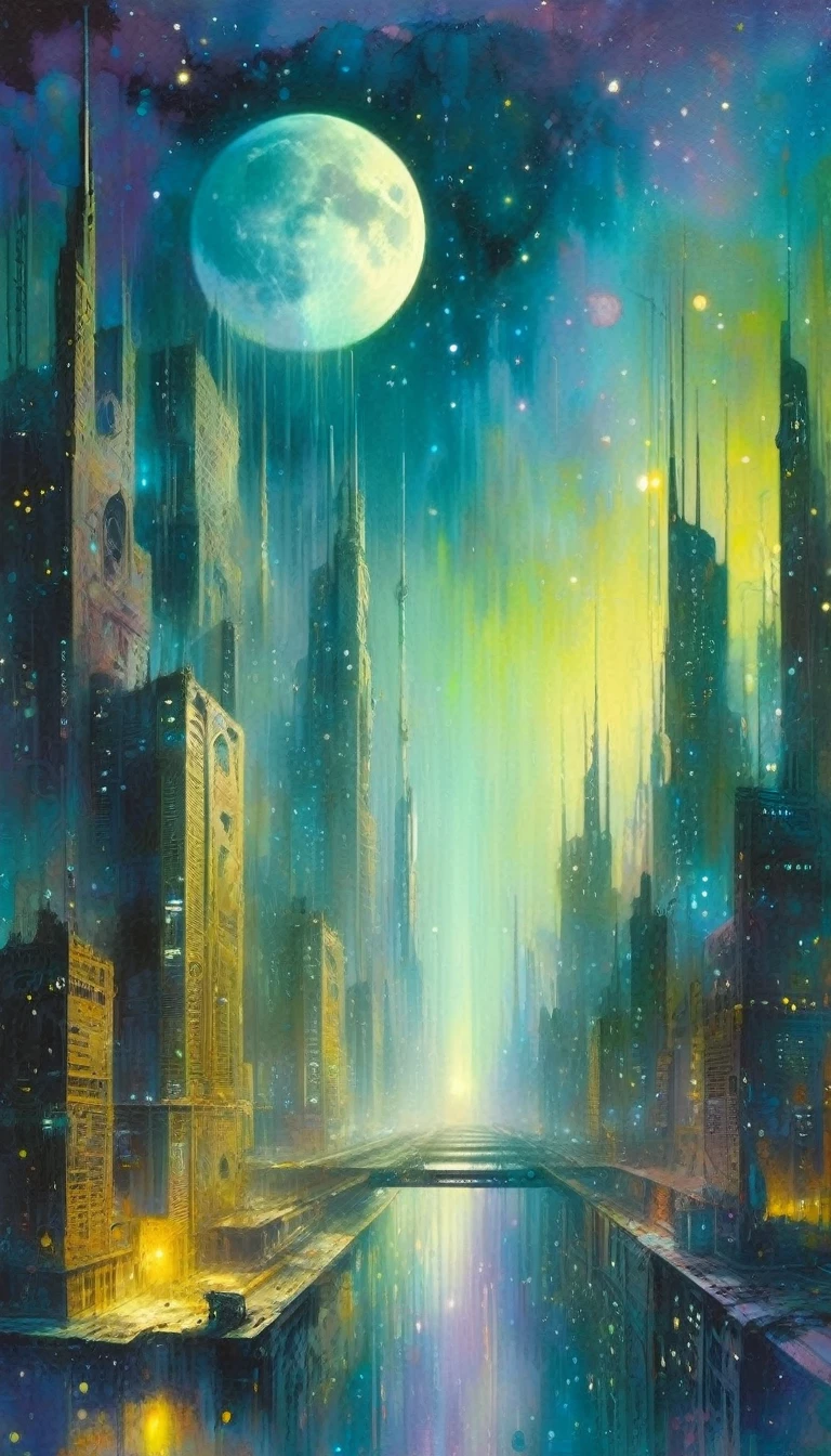 the abandoned future big city, many details,magic, surrealism, fantastic, night sky, moon, stars, background, (art inspired by Bill Sienkiewicz). oil painting)