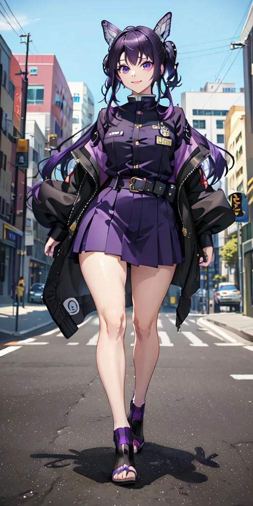 (masterpiece, best quality), (best resolution), (8k), (detailed illustration), 1 girl, smile, purple hair butterfly ornament, Big purple eyes ,black hair with purple streaks,excellent figure with curves, medium firm chest, female police uniform, kimetsu no yaiba art style, blue shirt, blue tight skirt,kochou shinobu, full body, police motorcycle at the side,urban place background