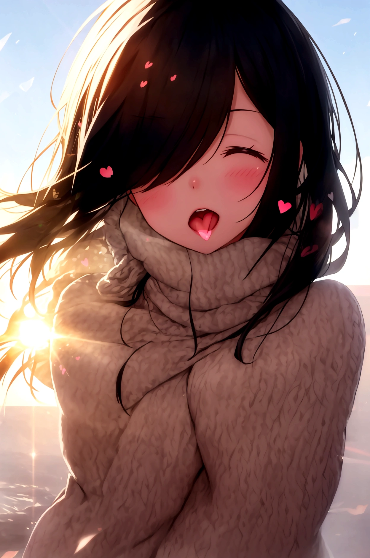 With a girl, Black Hair, Wear a cozy sweater, Upper Body, (LOL:1.1), (Open your mouth:1.1), (Eyes Wide Open:1.2), Sun glare, Bokeh, Depth of written boundary, Blurred Background, Light Particles, Strong winds, (Heart Particles:1.1), 4K