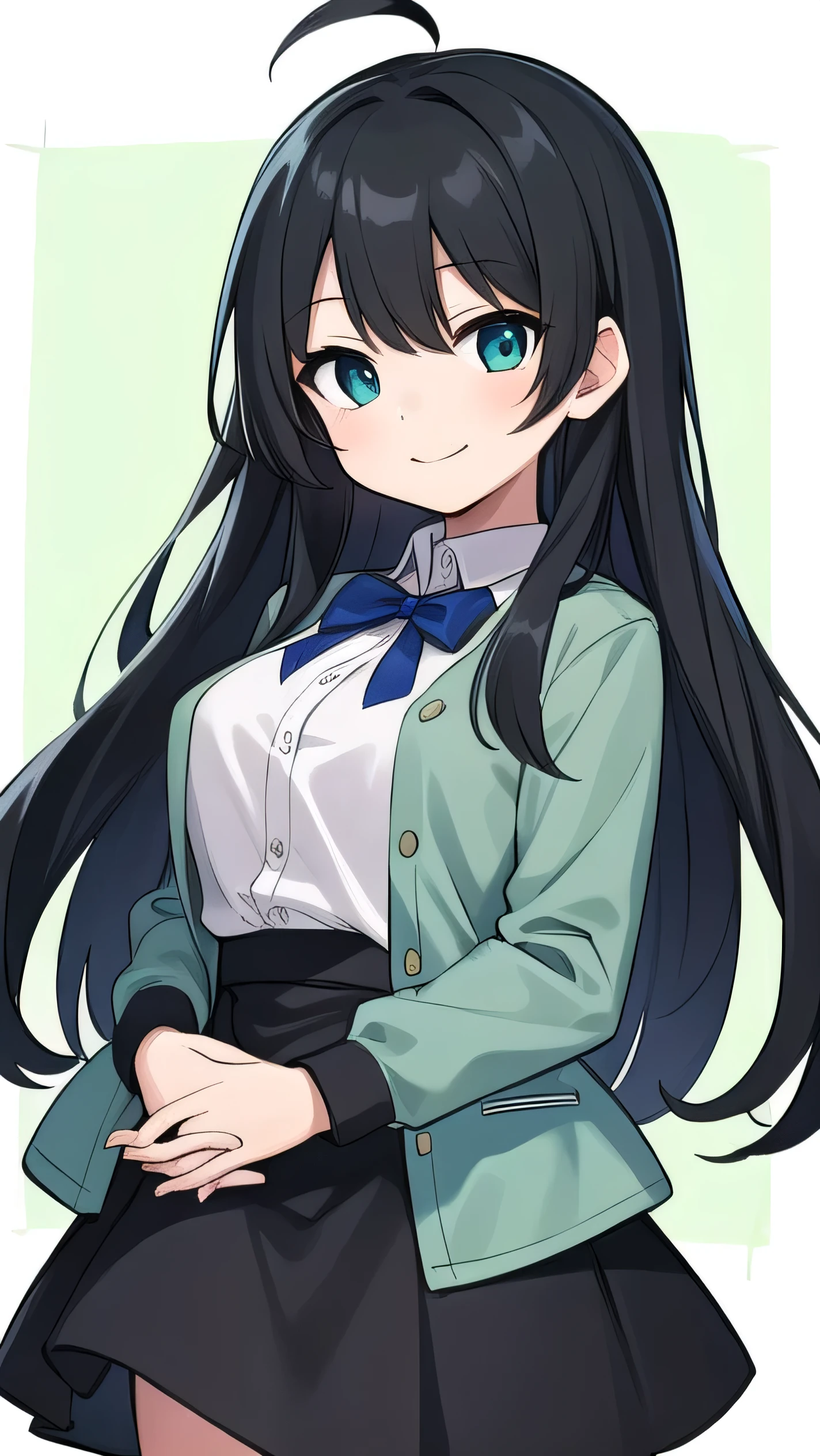 Junior high school student who looks like an elementary school student, 14 years old, very short, 140 cm tall, black hair with a slight green tinge, short ahoge, beautiful long hair but with a little hair sticking out, beautiful round eyes, blue eyes, smile, boyish, long sleeves, Thick clothes, skirt, big breasts, hair longer than waist, long hair, childish face, gentle smile, a little shy, black skirt, black hair with a slight green tinge, boyish, gentle smile, jacket one size larger, ( Deep greenish black hair: 1.3)