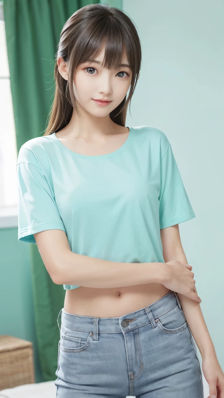 masterpiece,Highest quality,1 Girl,delicined face, 前hair, just_arm, just_shoulder, green_eye, clavicle, (high resolution:1.48)、(Tight T-shirt:1.48)、(Perfect Style:1.48)、cowboy_shot, crop_superior, High leg, High leg, length_hair, looking for_in_peeping in the viewer, belly button, Realistic,  一人in, Are standing, 