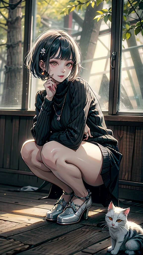 (Best quality, 8k, 32k, Masterpiece, UHD,:1.2),RAW, 1girl,ultra cute , natural lighting,transparent shining eyes, 20yo,medium breast ,fair complexion ,flushed face, dynamic angle, short hair, White sweater, squatting near windows, ((Big Norwegian Forest Cat at her foot)), Big Cat, Playing with Cat, fun