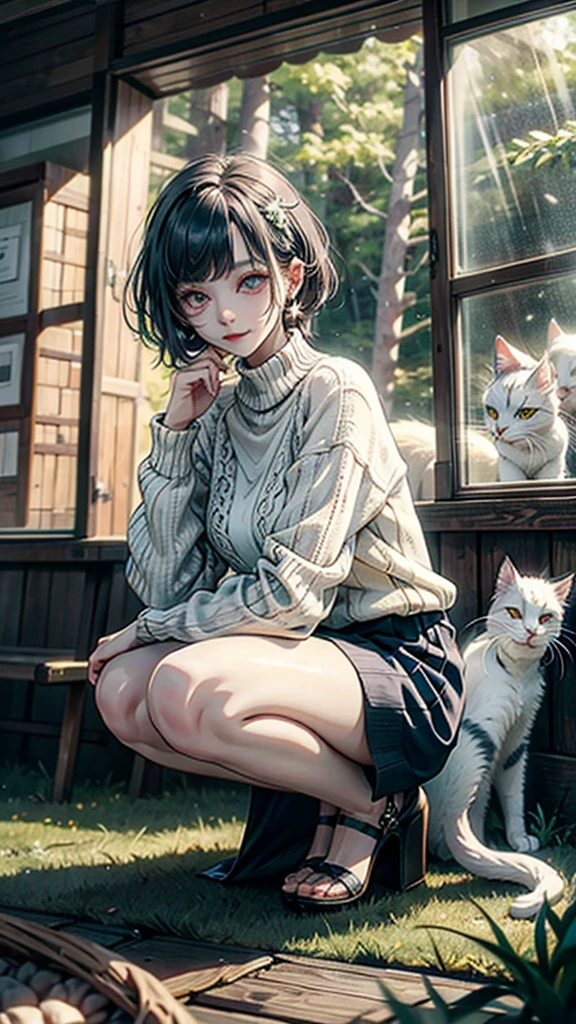 highest quality、(((Black catを抱く女の子)))、cute 14 year old girl、Bun hair with brown hair tied、Black cat、Girl sitting on the porch、cat curled up、natural look、long shot、Natural light