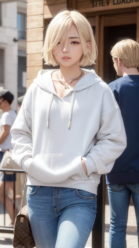Blonde　Bob Hair　Small eyes　Thin lips　Wide jeans　White hoodie with YUKA written on it　Louis Vuitton Necklace　night　In town　round face　Back view