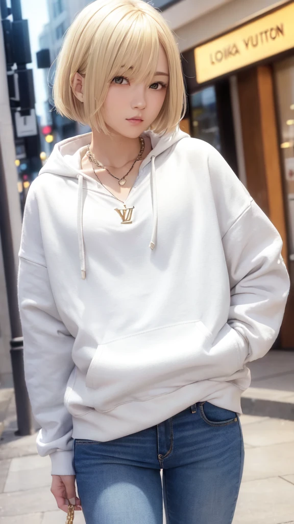 Blonde Bob Hair Small eyes Thin lips Wide jeans White hoodie with YUKA written on it Louis Vuitton Necklace night In town round face Back view