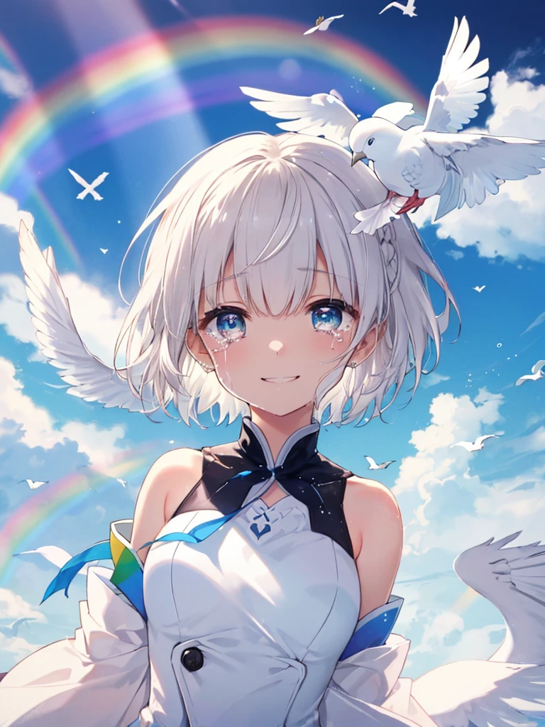 (((Extreme close-up tears smile Low - Angle Dove of peace))) ((輝くtears Rainbow Eyes Short Hair Receiving the light Rainbow light)) (Shining Edge Pillar of Light)