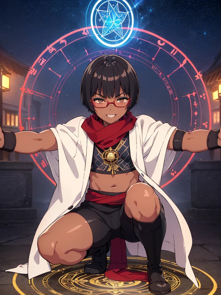 (flat chest), (masterpiece:1.2), highest quality, High resolution, unity 8k wallpaper, (fine and beautiful eyes:1.6), highly detailed face, perfect lighting, Detailed CG, (perfect hands, perfect anatomy), (1 boy solo:1.4), 20 years old, black hair, extremely beautiful detailfeminine face and eyes, (evil smile:1.4), detailed eyes, best quality,( dark skin:1.8), (turtleneck shirt under yukata:1.2), (bike shorts:1.2), extremely detailed, very precise detailed, (glasses:1.3), blunt bangs, open mouth, (very short pixie cut:1.2), boots,fingerless gloves, smile, (half closed eyes:1.3) ,(squat in magic circle on ground) ,night sky,long sidelocks,(long red Scarf),(yukata),(squatting),(squat:1.3),(one knee dwon:1.5),(Put one foot in front:1.3),(stylish pose:1.4),(Raise only index finger:1.1),(spread arms:1.2),(in magic circle on ground only),(open magic scroll by both hands:1.4),(have magic scroll:1.3)