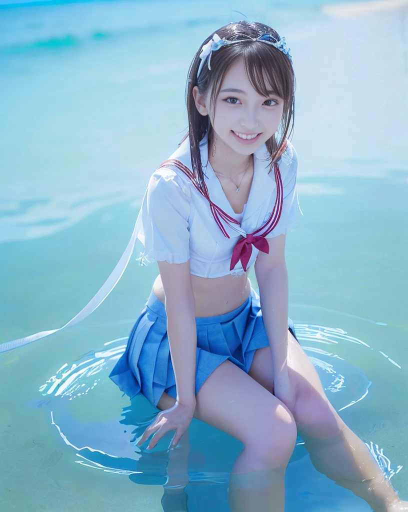 (NFSW)、(High resolution:1.5)、Highest quality,Very detailed,masterpiece,Super detailed,alone,(One 12 year old girl),((Summer School Uniforms:1.5)), Seraphim, ((skirt:1.5)),  smile, Thigh fetish images: 1.5、(((barefoot)))、(Her thighs and white bikini reflected in the clear blue water)、(reflected in water:1.5)、((I can see the white string panties:1.5))、(Cleavage)、((Clear blue seawater))、Summer sun、はしゃいだsmile、Beautiful Eyes、(pull-out-panties)、(Panties on knees)、Big necklace and tiara、The water is marine blue、