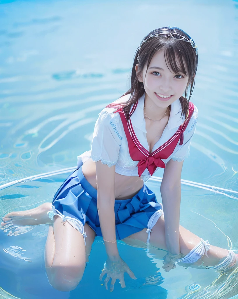 (NFSW)、(High resolution:1.5)、Highest quality,Very detailed,masterpiece,Super detailed,alone,(One old girl),((Summer School Uniforms:1.5)), Seraphim, ((skirt:1.5)), smile, Thigh fetish images: 1.5、(((barefoot)))、(Her thighs and white bikini reflected in the clear blue water)、(reflected in water:1.5)、((I can see the white string panties:1.5))、(Cleavage)、((Clear blue seawater))、Summer sun、はしゃいだsmile、Beautiful Eyes、(pull-out-panties)、(Panties on knees)、Big necklace and tiara、The water is marine blue、