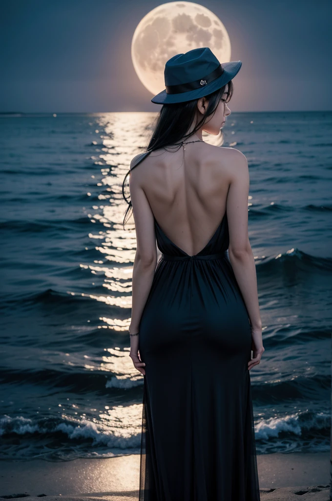 woman with her back on the beach looking at the sea at night, woman in a blue dress, woman in blue and black hat, woman with long black hair, fullmoon, noite de fullmoon, high resolution