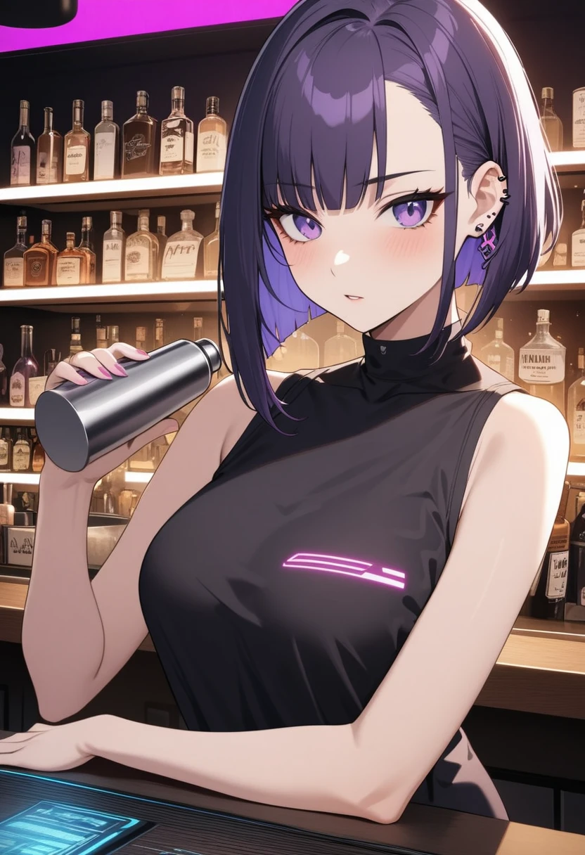 Adult Female, Black purple hair, slanted bob haircut, apathetic, perfect purple eyes cyberpunk bar, highly detailed, holding a bartender shaker, not looking, perfect ear piercings