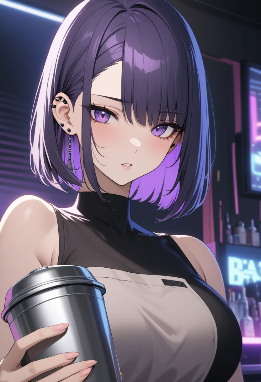 Adult Female, Black purple hair, slanted bob haircut, apathetic, perfect purple eyes cyberpunk bar, highly detailed, holding a bartender shaker, not looking, perfect ear piercings