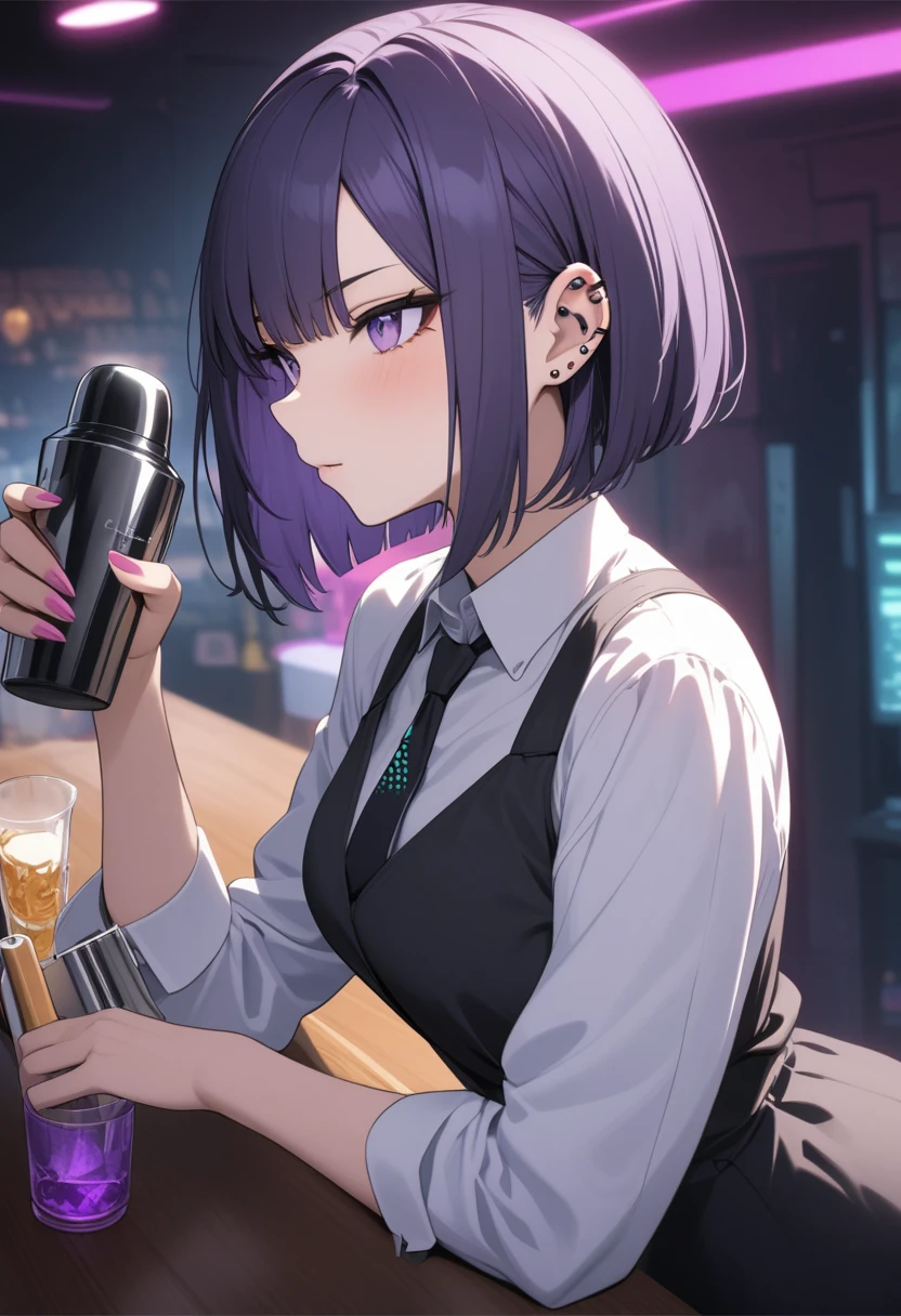 Adult Female, Black purple hair, slanted bob haircut, apathetic, perfect purple eyes cyberpunk bar, highly detailed, holding a bartender shaker, not looking, perfect ear piercings