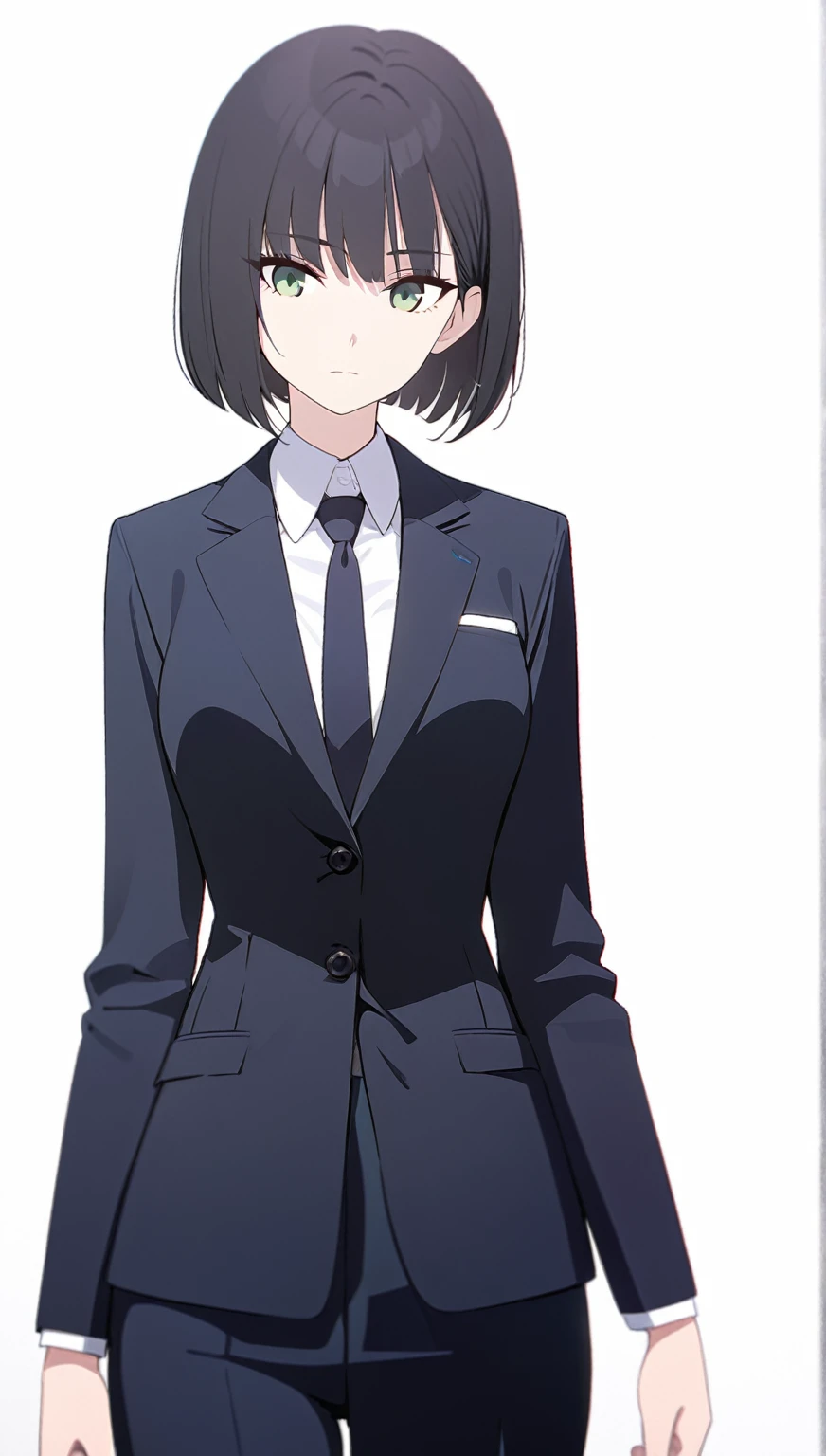 (masterpiece, high quality, best quality, highres,) One Woman, young, black hair, bob cut, Green Eyes, Athletic build, expressionless, closed mouth, office staff suit, Simple white background, standing, cowboy shot, from the front