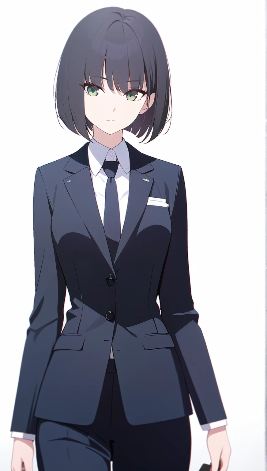 (masterpiece, high quality, best quality, highres,) One Woman, young, black hair, bob cut, Green Eyes, Athletic build, expressionless, closed mouth, office staff suit, Simple white background, standing, cowboy shot, from the front