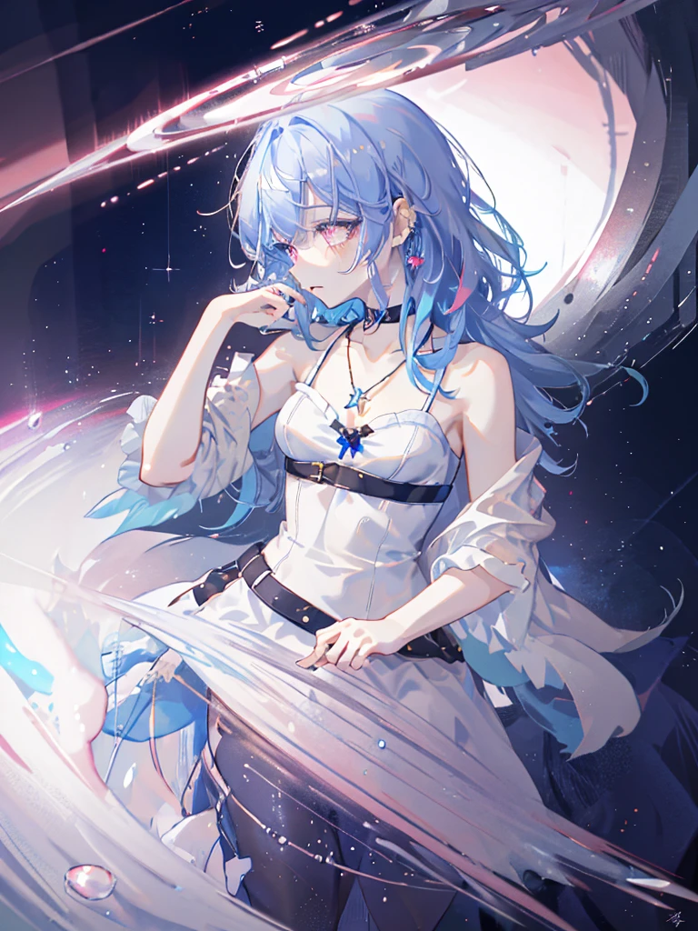 8k wallpaper，tmasterpiece，cinmatic lighting，top Quority，illustratio，Dramatic angles，（（a color：1.1）），（（Colored inner hair：1.4）），
1girll， solo， long blue hair， SakuraNS， Pink eyes， Cross necklace， parted lip， a white choker， liquid hair， Light blue hair， By bangs， By bangs， From the side Side， contours， The upper part of the body， blue hairs， simple backgound， pink back ground， exposed bare shoulders， sportrait， looking at viewert， white dresses， hairsbetweeneyes， colorfulhair， Galaxy Background, Nebula, 耳Nipple Ring，jewely, majestic space creature