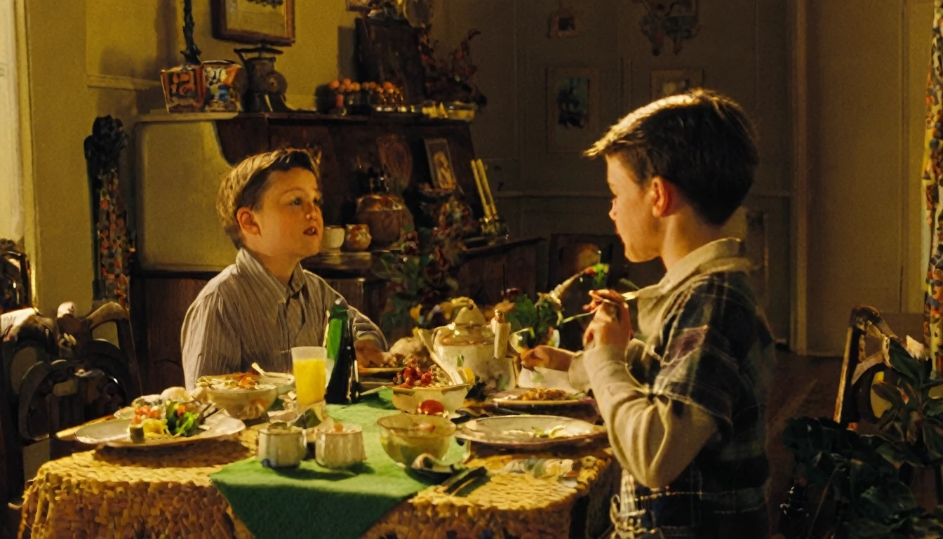 Scene in the living room，A boy is eating at the left side of the table