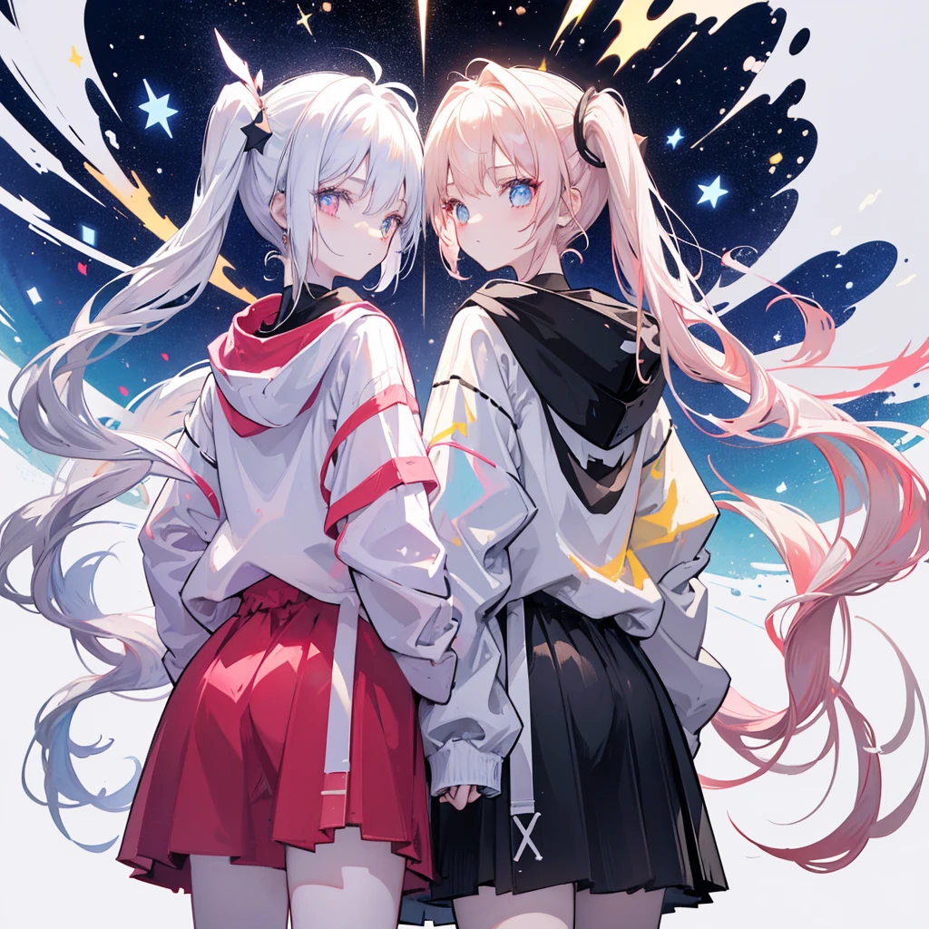 Two girls,
the first one has red eyes and beige hair in twin tails,
the second one has blue eyes and white hair in side tails,
they are both wearing sporty hoodies and shorts in monochrome, colorful on white background, glowing, stars, light, ephemeral,, mirrornun