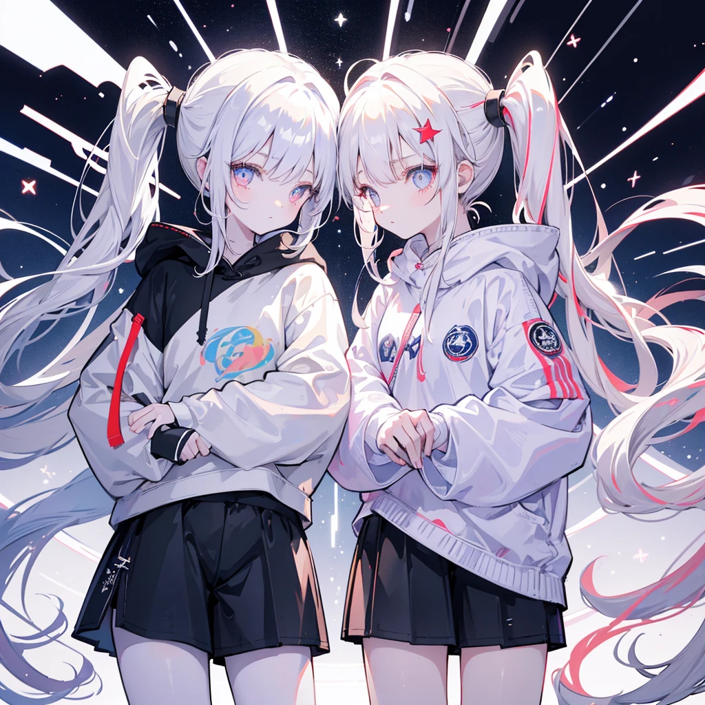 Two girls,
the first one has red eyes and beige hair in twin tails,
the second one has blue eyes and white hair in side tails,
they are both wearing sporty hoodies and shorts in monochrome, colorful on white background, glowing, stars, light, ephemeral,, mirrornun
