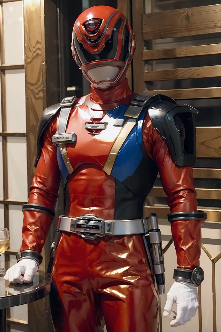 Fantasy background, cafe rpg style, empty chair, table, set of tea glass, (power rangers)), One guy、, ((red ranger suit)), red and blue chest armor with gold details, costume, Solo, ((fit figure)), (Anatomically correct), Cowboy shot, masked face, guns, muscular build