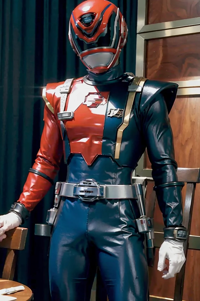 Fantasy background, cafe rpg style, empty chair, table, set of tea glass, (power rangers)), One guy、, ((red ranger suit)), red and blue chest armor with gold details,   costume, Solo, ((fit figure)), (Anatomically correct), Cowboy shot, masked face, guns, muscular build