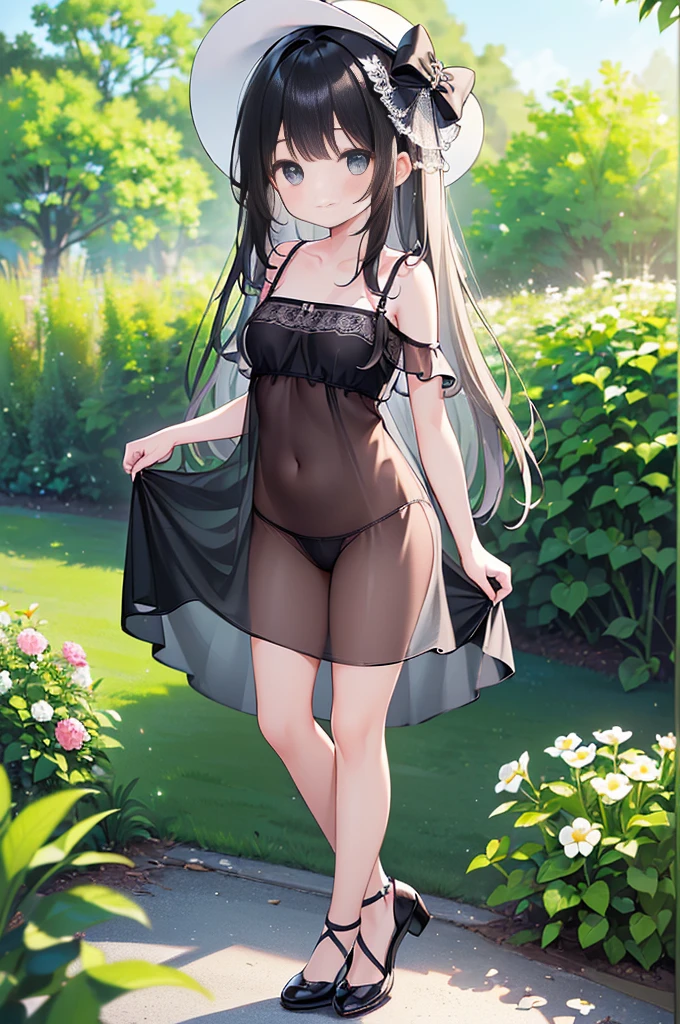 (high quality, High resolution, Very detailed, reality:1.37), Peaceful atmosphere, (Outdoor, garden), 5 year old girl standing alone, (my breasts are small.), Beautiful details, Cute Smile, (Long black hair), ((White Sheer Camisole Dress)), White socks, White high heels、White Hat.Browsing Caution、((See-through breasts))、((The crotch is visible))No pants