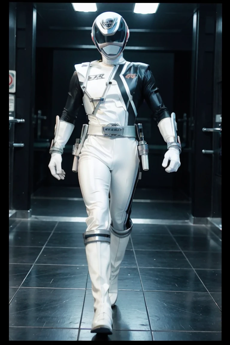 1boy, white, full body, Illustration, cinematic light, high resolution, best quality, ultra detailed, masterpiece, power suit, powerranger, suit, spd, (white ranger suit))