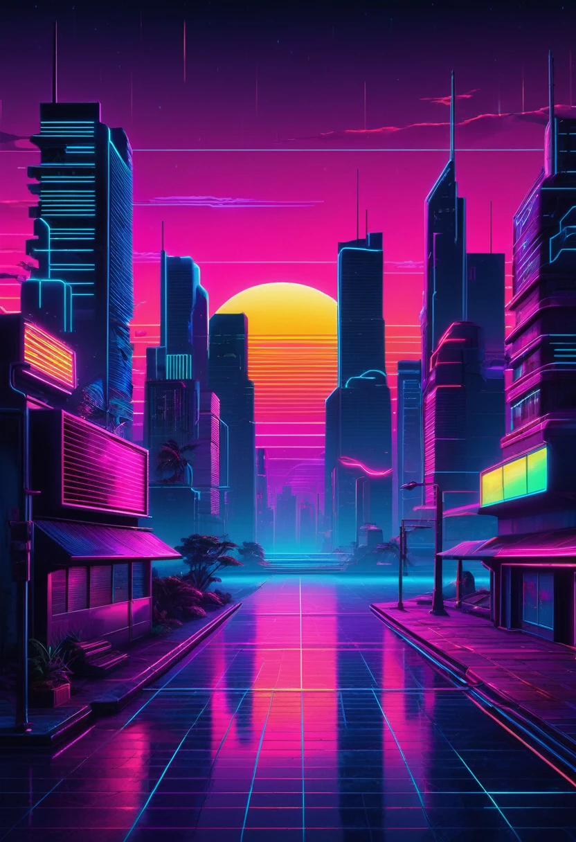 Create a realistic landscape background in a synthwave style from the 1980s. The scene should feature a neon grid, vibrant colors, and a detailed retro-futuristic cityscape in the background. Include realistic lighting and shadows to enhance the overall realism of the image. Dimensions: 120x480.”