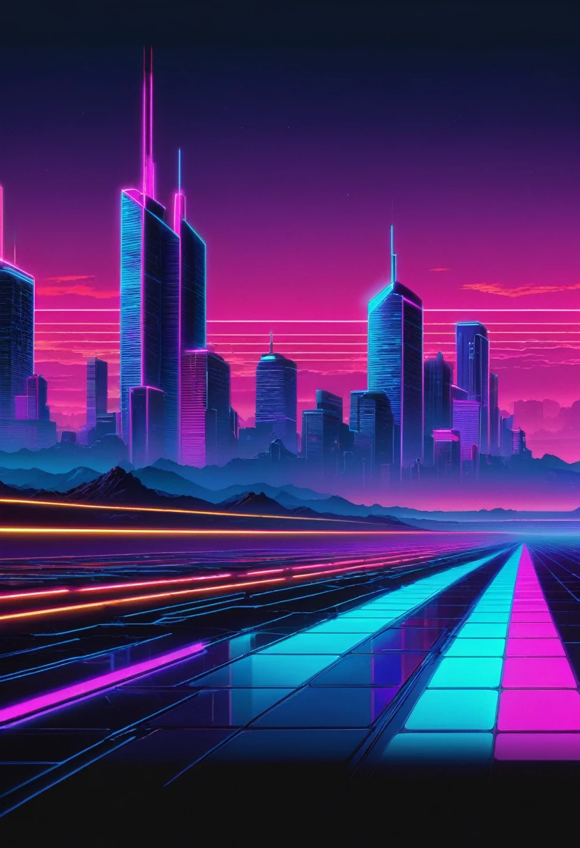 Create a realistic landscape background in a synthwave style from the 1980s. The scene should feature a neon grid, vibrant colors, and a detailed retro-futuristic cityscape in the background. Include realistic lighting and shadows to enhance the overall realism of the image. Dimensions: 120x480.”