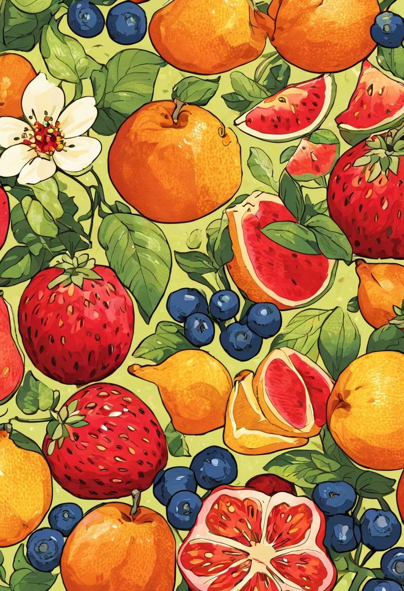 テーブルの上にはたくさんのfruitの絵があります, fruitと花, cute,Full color illustrations, author：John Wernershott, made of fruitと花, 花とfruitでできた, fruit, full of colour w 1024, Full color digital illustration, author：Richard Mayhew, Official Art, In a detailed painting of gouache, cool illustration