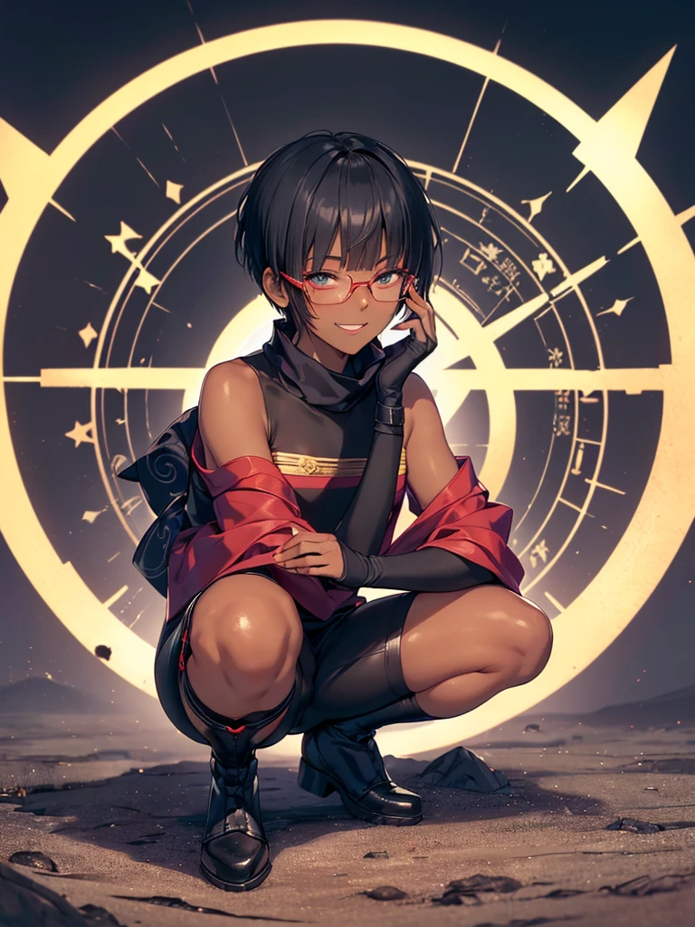 (flat chest), (masterpiece:1.2), highest quality, High resolution, unity 8k wallpaper, (fine and beautiful eyes:1.6), highly detailed face, perfect lighting, Detailed CG, (perfect hands, perfect anatomy), (1 boy solo:1.4), 20 years old, black hair, extremely beautiful detailfeminine face and eyes, (evil smile:1.4), detailed eyes, best quality,( dark skin:1.8), (turtleneck shirt under yukata:1.2), (bike shorts:1.2), extremely detailed, very precise detailed, (glasses:1.3), blunt bangs, open mouth, (very short pixie cut:1.2), boots,fingerless gloves, smile, (half closed eyes:1.3) ,(squat in magic circle on ground) ,night sky,long sidelocks,(long red Scarf),(yukata),(squatting),(squat:1.3),(one knee dwon:1.5),(Put one foot in front:1.3),(stylish pose:1.4),(Raise only index finger:1.1),(spread arms:1.2),(in magic circle on ground only),(open magic scroll by both hands:1.4),(have magic scroll:1.3)