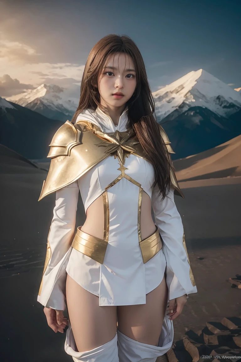 ((masterpiece, best quality, extremely detailed), volumetric lighting, ambient occlusion, colorful, glowing), 1girl, solo, young girl, (dark hair), long hair, ranger suit, hunter class dnd, cloak, (white outfit with gold detailst:1.3), armor, outdoors, sunset, sky, clouds, space, (fantasy theme:1.2),