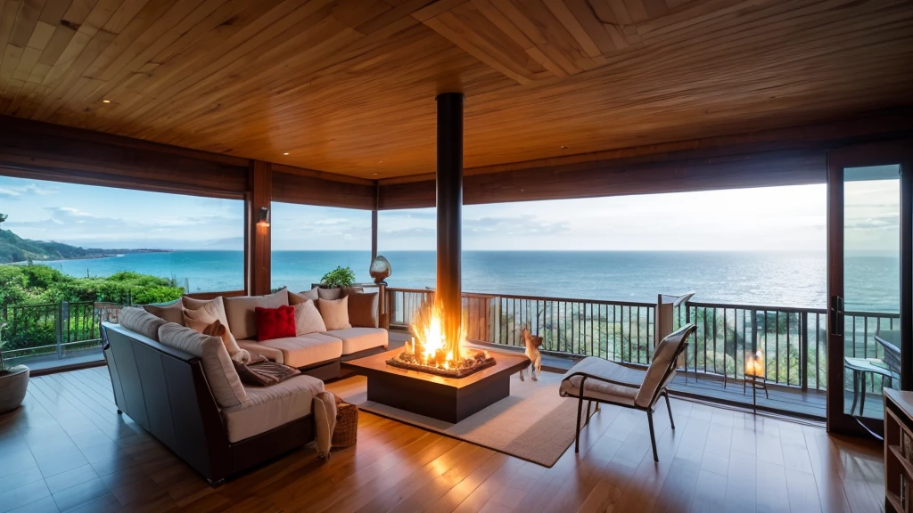 Highest quality,perfection3D ,High resolution,You can see the ocean,Cafe Terrace,Drink a hot cup of coffee,Stylish fireplace,Sleeping cat,Comfortable sofa for sitting comfortably,Natural scenery,flower々,Terrace view,landscape with cats,aroma Candle,lanthanum,