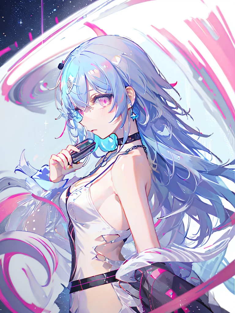 8k wallpaper,tmasterpiece,cinmatic lighting,top Quority,illustratio,Dramatic angles,((a color:1.1)),((Colored inner hair:1.4)),
1girll, solo, long blue hair, SakuraNS, Pink eyes, Cross necklace, parted lip, a white choker, liquid hair, Light blue hair, By bangs, By bangs, From the side Side, contours, The upper part of the body, blue hairs, simple backgound, pink back ground, exposed bare shoulders, sportrait, looking at viewert, white dresses, hairsbetweeneyes, colorfulhair, Galaxy Background, Nebula, 耳Nipple Ring,jewely, majestic space creature