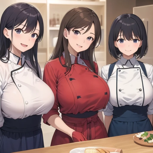 chef clothes、bare breast。showing face,20-years old,Super detailed、huge breast、,smile,:D,three woman side by side,bare breast